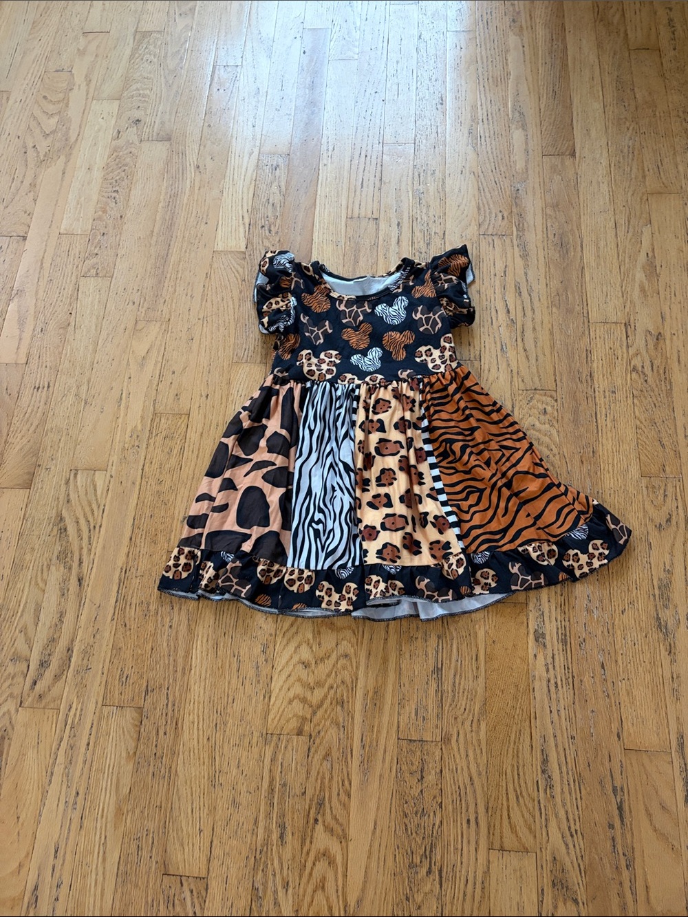 Girls' Mixed Animal Print Flutter-Sleeve Dress - Black & Brown